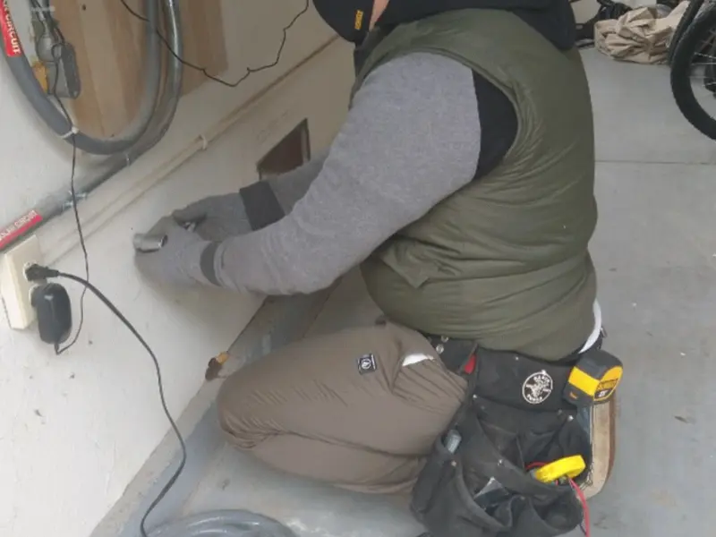 Electrician performing outlet wiring in a George Mason garage